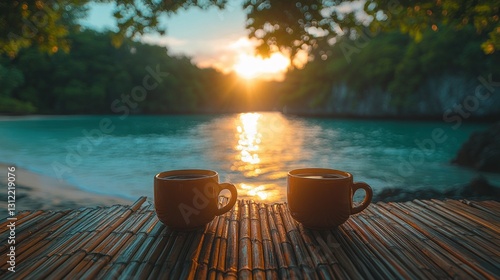 Fototapeta Naklejka Na Ścianę i Meble -  Morning coffee on a tropical beach