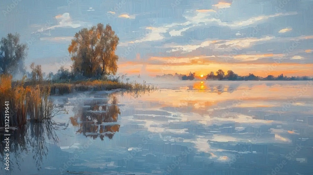 Fototapeta premium The harmony of nature: sunset and lake reflection.