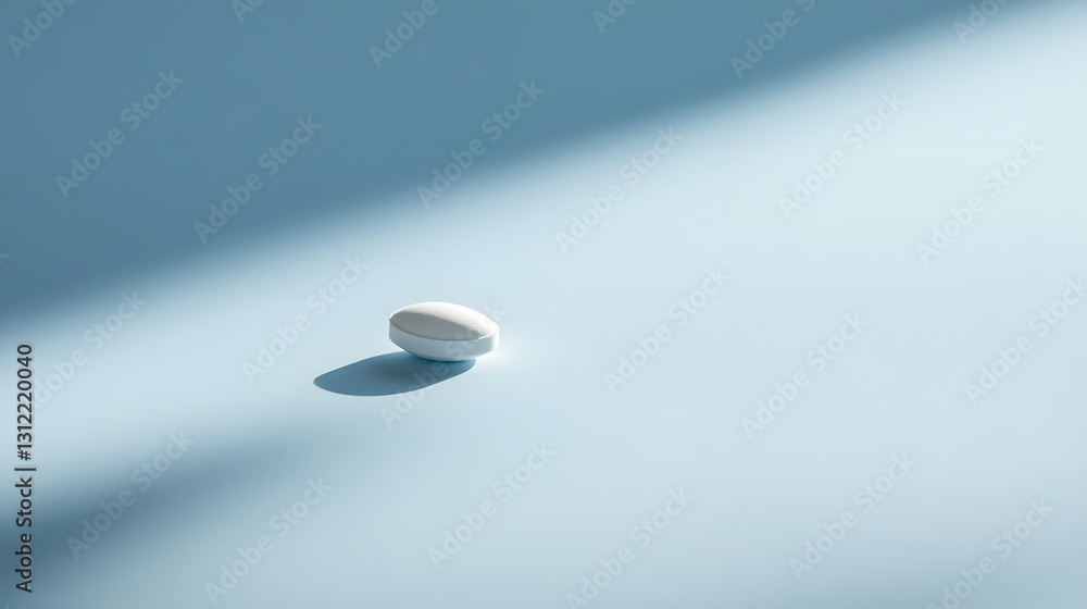 Single white pill sits in the blue light and shadow Single white pill sits in the blue light and shadow