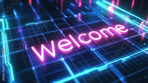 welcome neon sign on futuristic circuit board