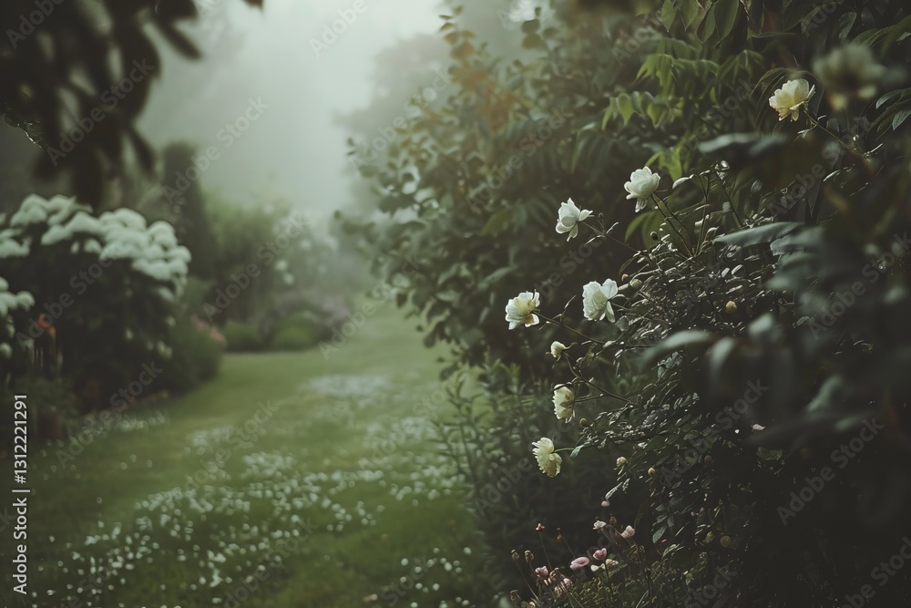 A tranquil garden pathway surrounded by lush greenery and blooming flowers, enveloped in a serene morning mist. A tranquil garden pathway surrounded by lush greenery and blooming flowers, enveloped in a serene morning mist.