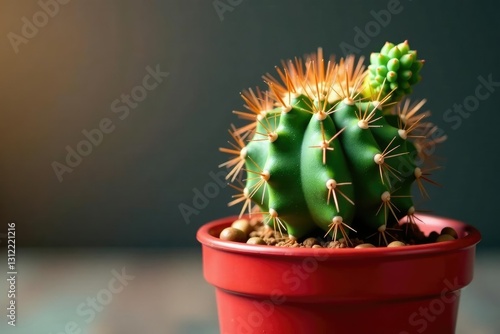 Prickly cactus with tiny striped succulent offshoot in red pot, planters, small plants, cacti photo