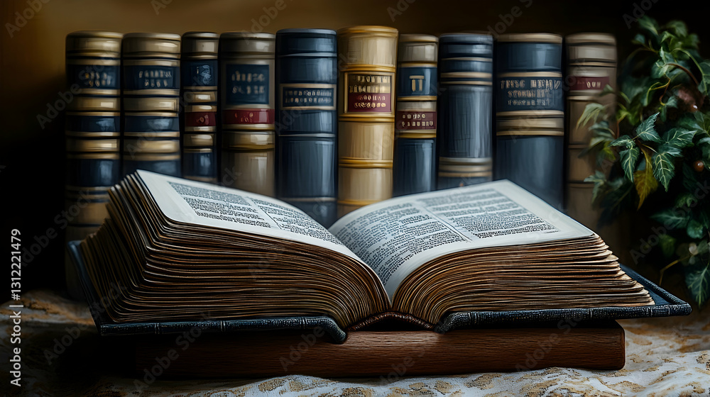 Naklejka premium Open Ancient Book, Library Setting