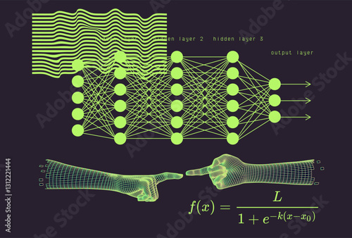 Colorful abstract illustration of a deep neural network with interconnected layers, graphs, and wave patterns on a black background. It symbolizes machine learning and complex data processing.