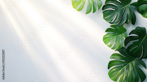 Lush green leaves against soft white background create serene atmosphere, perfect for nature inspired designs. gentle light enhances vibrant foliage, adding depth and tranquility