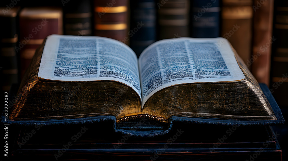 Obraz premium Open antique book in library setting (2)