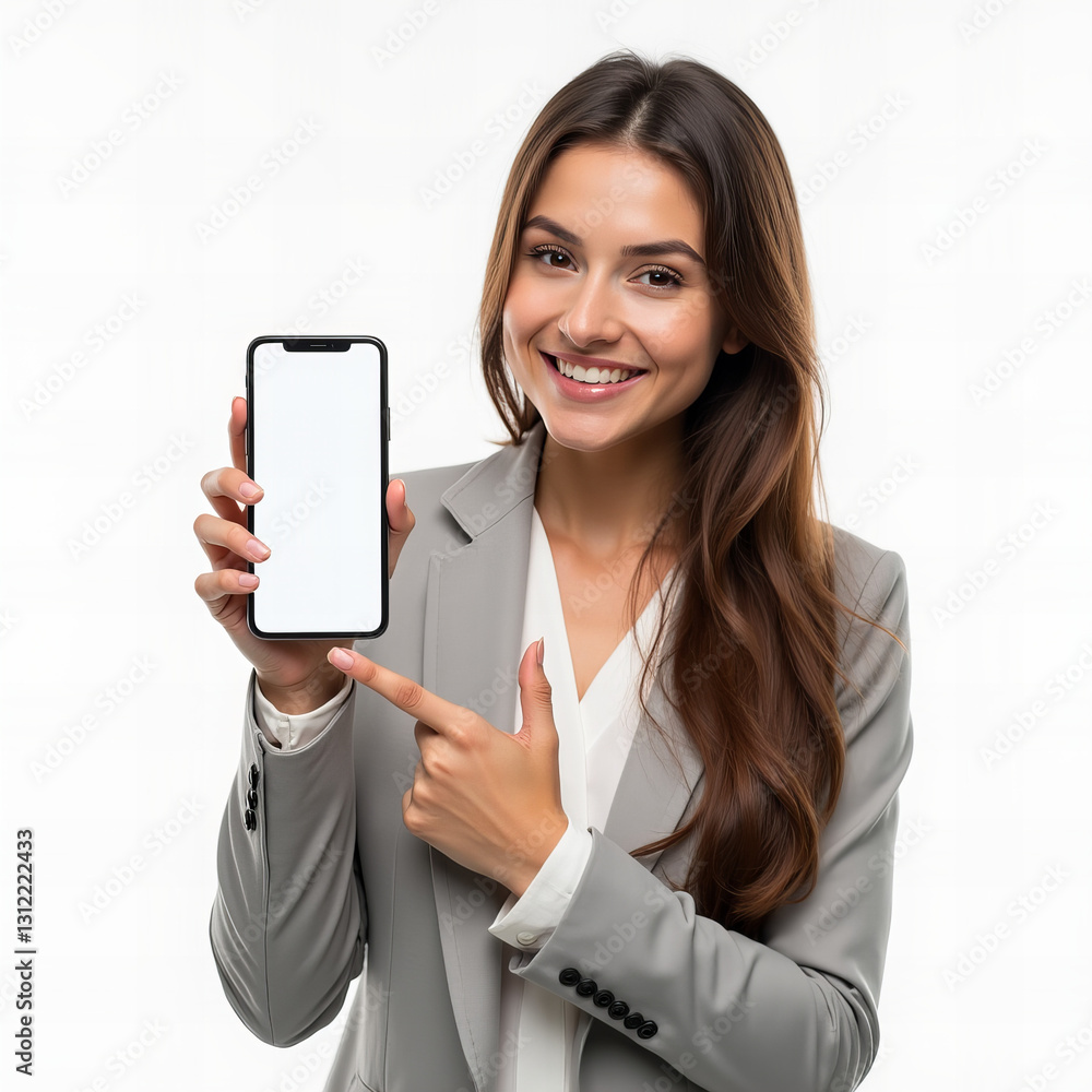Happy businesswoman in gray suit presenting smartphone with blank screen, professional and confident against white background Happy businesswoman in gray suit presenting smartphone with blank screen, professional and confident against white background