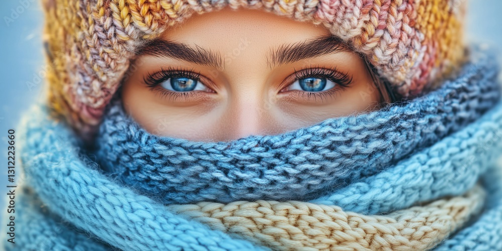 Close-up of a woman with striking blue eyes, wearing a knitted hat and a cozy scarf, evoking warmth and winter beauty. Close-up of a woman with striking blue eyes, wearing a knitted hat and a cozy scarf, evoking warmth and winter beauty.