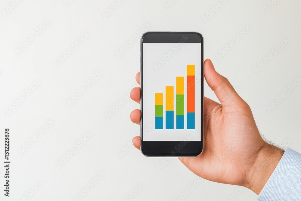 Consumer personalization concept. A person holds a smartphone displaying a colorful bar graph, suggesting data analysis or business growth. Consumer personalization concept. A person holds a smartphone displaying a colorful bar graph, suggesting data analysis or business growth.