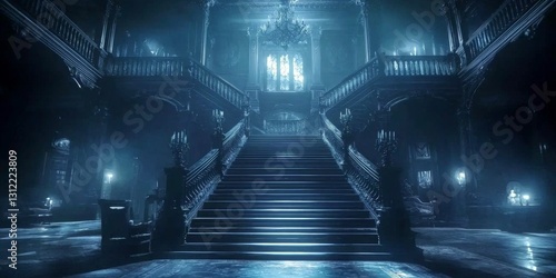 Explore the grandeur of a grand staircase inside a dark mansion.
