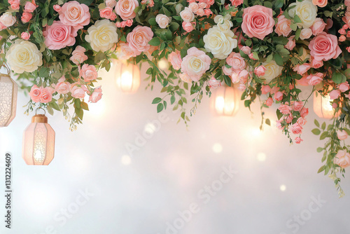 Elegant floral backdrop with hanging lanterns, featuring pink and white roses, greenery, and soft lighting, creating romantic atmosphere