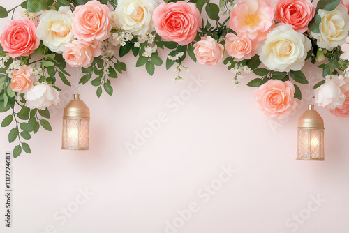 Elegant floral backdrop with hanging lanterns, featuring soft pink and white roses, greenery, and serene atmosphere. Perfect for events or photography