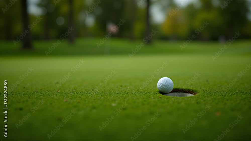 Dramatic Golf Ball Balanced on Cup Edge with Scenic Course View Dramatic Golf Ball Balanced on Cup Edge with Scenic Course View