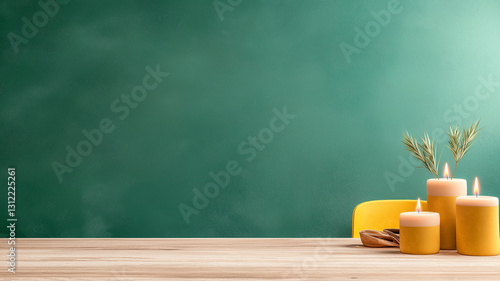 serene dining room scene featuring yellow candles and greenery against green wall, creating calming atmosphere. Perfect for relaxation and ambiance