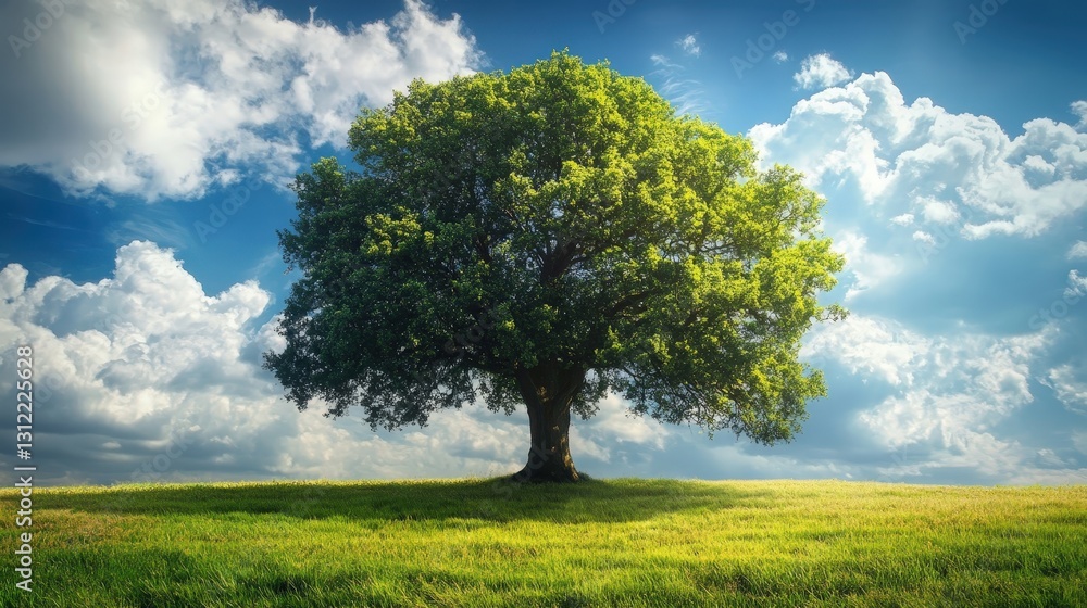 Fototapeta premium Lush green meadow under a vast, azure sky dotted with soft, fluffy white clouds. Vibrant hues blend in perfect harmony, capturing nature's serene beauty