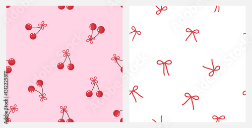 Seamless patterns of cherry fruit with cute flower on pink and ribbon bow on white backgrounds vector.