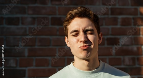 Young caucasian male making a playful face in front of a brick wall