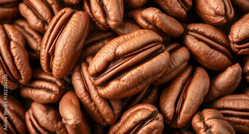 Deep brown pecans with a slightly rough surface. Nutty and rich background Deep brown pecans with a slightly rough surface. Nutty and rich background