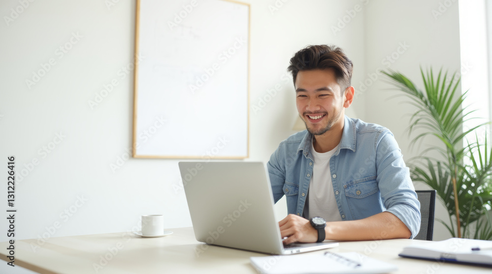 Happy Young Asian Man Working Remotely on Laptop in Bright Home Office Happy Young Asian Man Working Remotely on Laptop in Bright Home Office