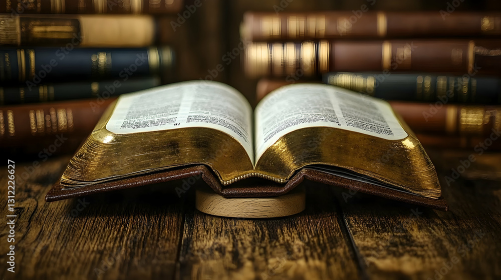 Fototapeta premium Open Bible on Wooden Table, Books Background