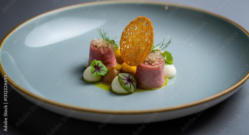 Gourmet plated dish with tender meat, creamy sauce, and crispy garnish Gourmet plated dish with tender meat, creamy sauce, and crispy garnish