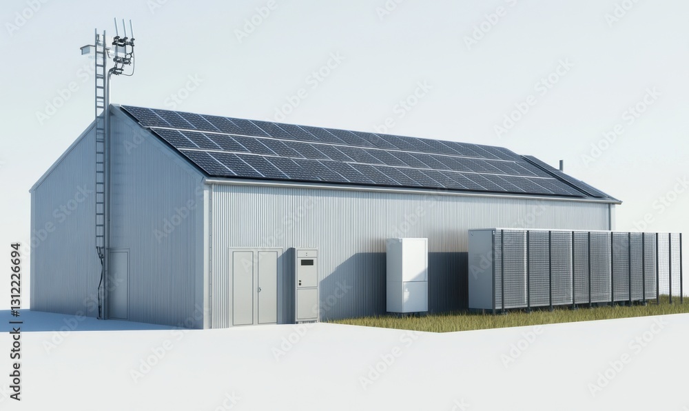 Solar panels on metal warehouse roof, battery storage, antenna, for renewable energy Solar panels on metal warehouse roof, battery storage, antenna, for renewable energy