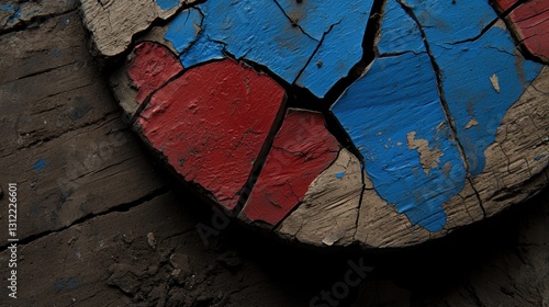 A weathered wooden surface with a cracked and chipped paint job.