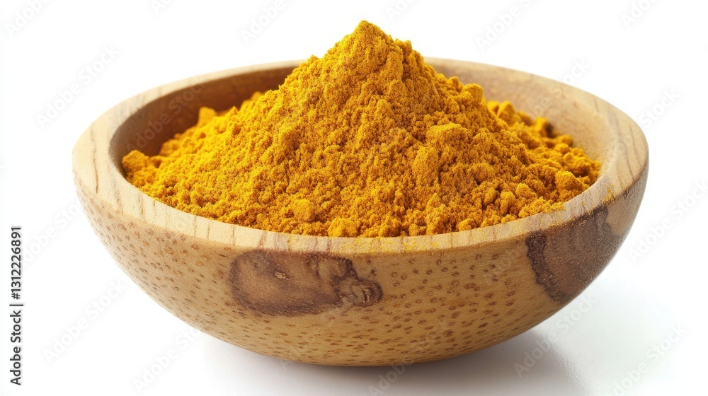 Powdered turmeric in a wooden bowl, isolated on a white background. Powdered turmeric in a wooden bowl, isolated on a white background.
