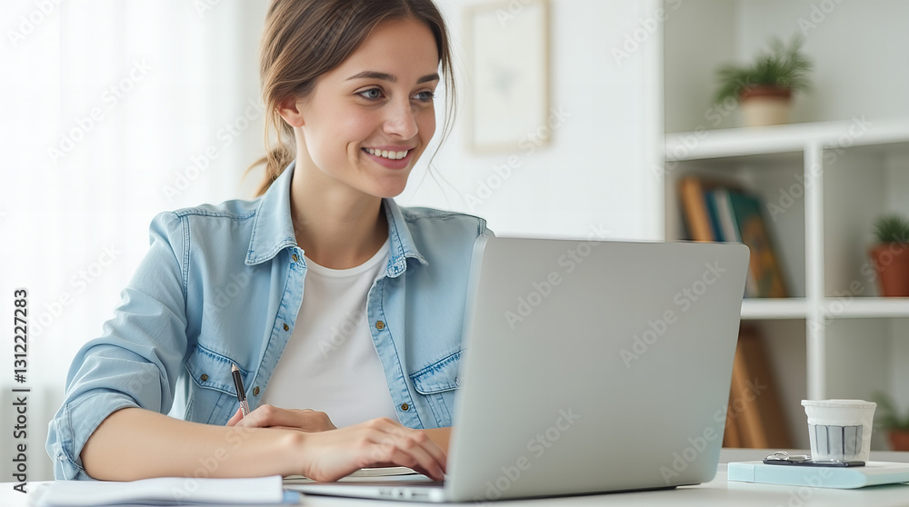 Smiling young woman working on laptop at home, enjoying remote work in a bright and modern workspace Smiling young woman working on laptop at home, enjoying remote work in a bright and modern workspace