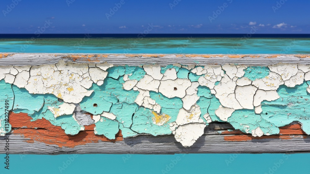 Obraz premium A weathered wooden fence with peeling paint and a view of the ocean.