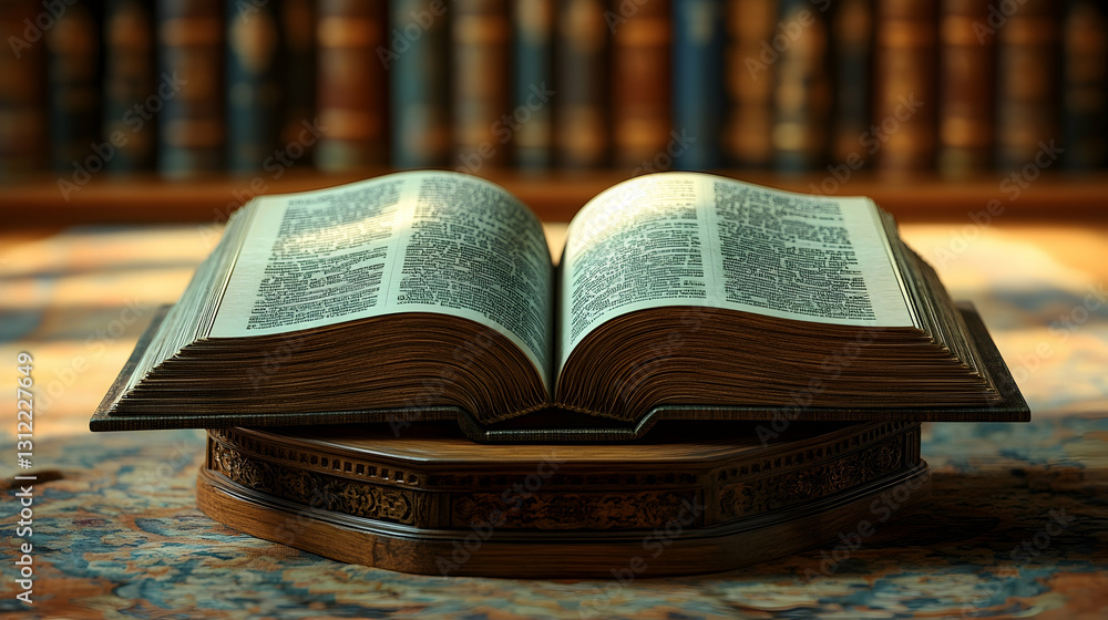 Obraz premium Open Book on Display in Library Setting