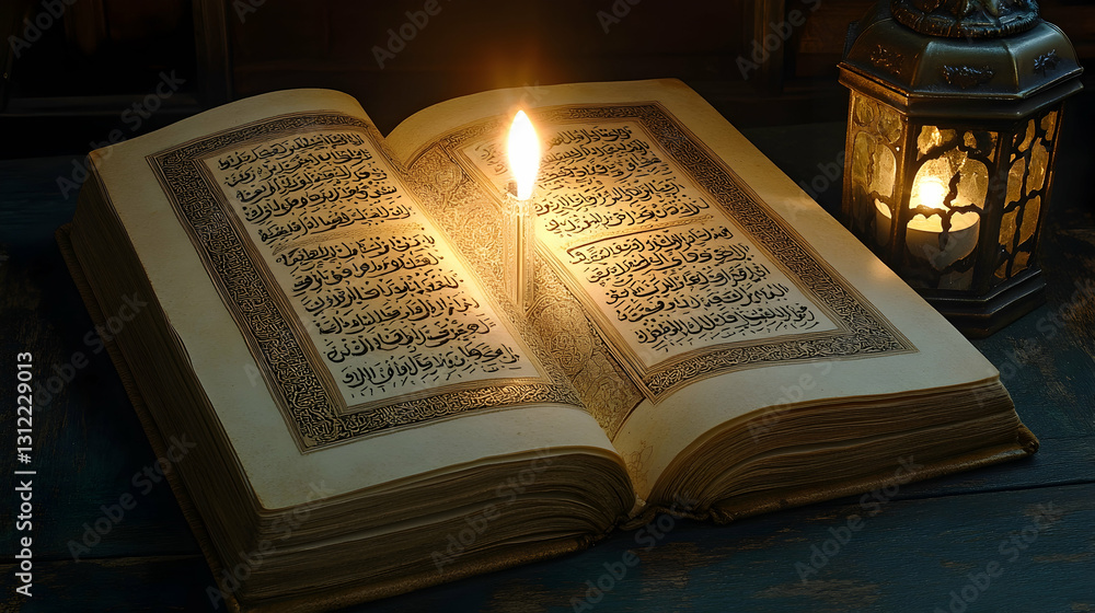 Fototapeta premium Open holy book illuminated by candlelight.