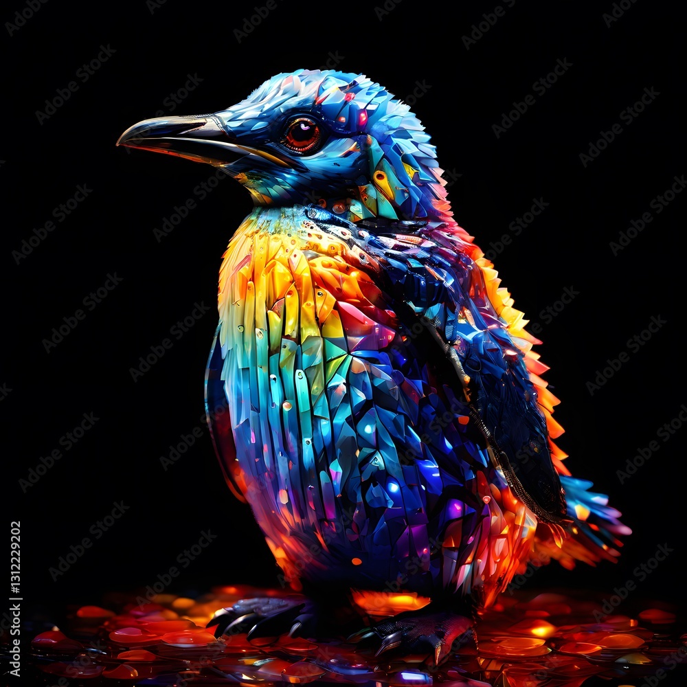Fototapeta premium A vibrant, colorful penguin with iridescent, multicolored feathers stands on a reflective surface against a dark, almost black background.
