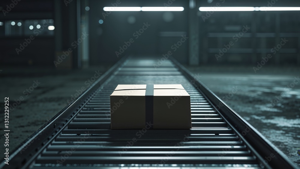 Fototapeta premium Package on Conveyor Belt in Dimly Lit Warehouse Environment.