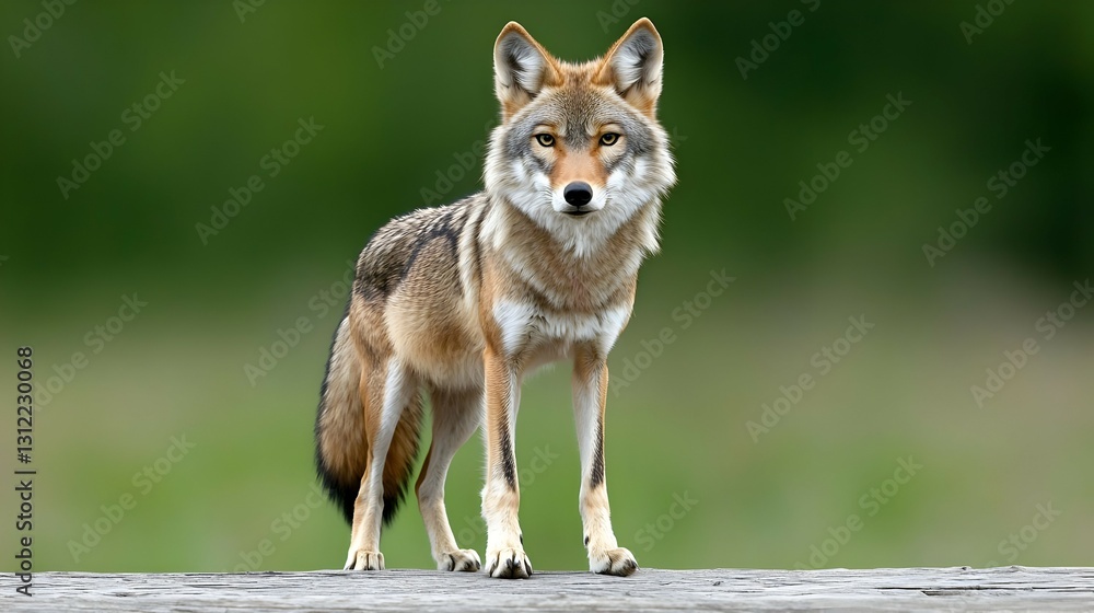 Fototapeta premium Coyote Standing on Log in Green Forest