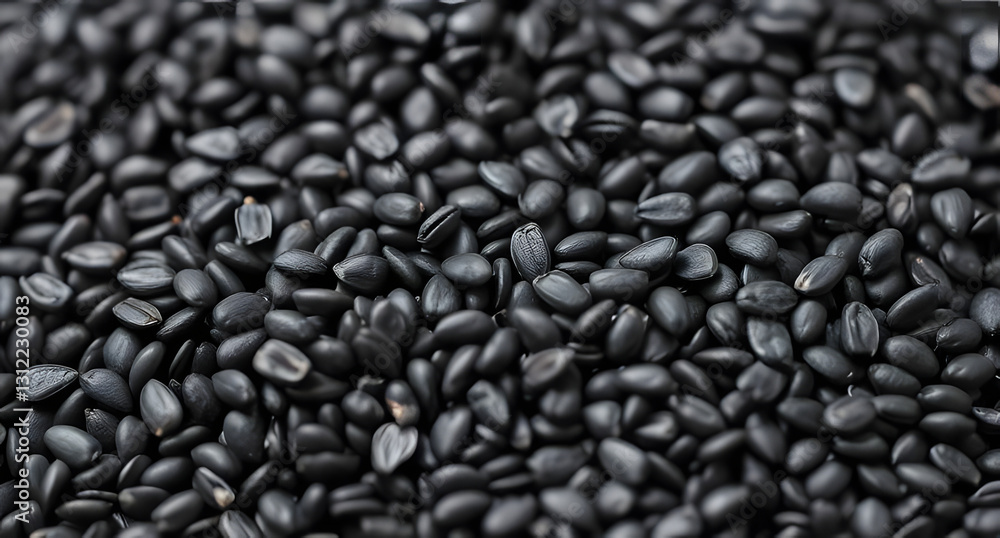 Shiny black sesame seeds with a smooth texture. Tiny and nutty composition Shiny black sesame seeds with a smooth texture. Tiny and nutty composition