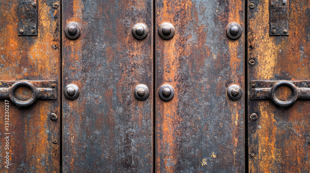 Rusty iron door with rivets and handles close-up texture detail