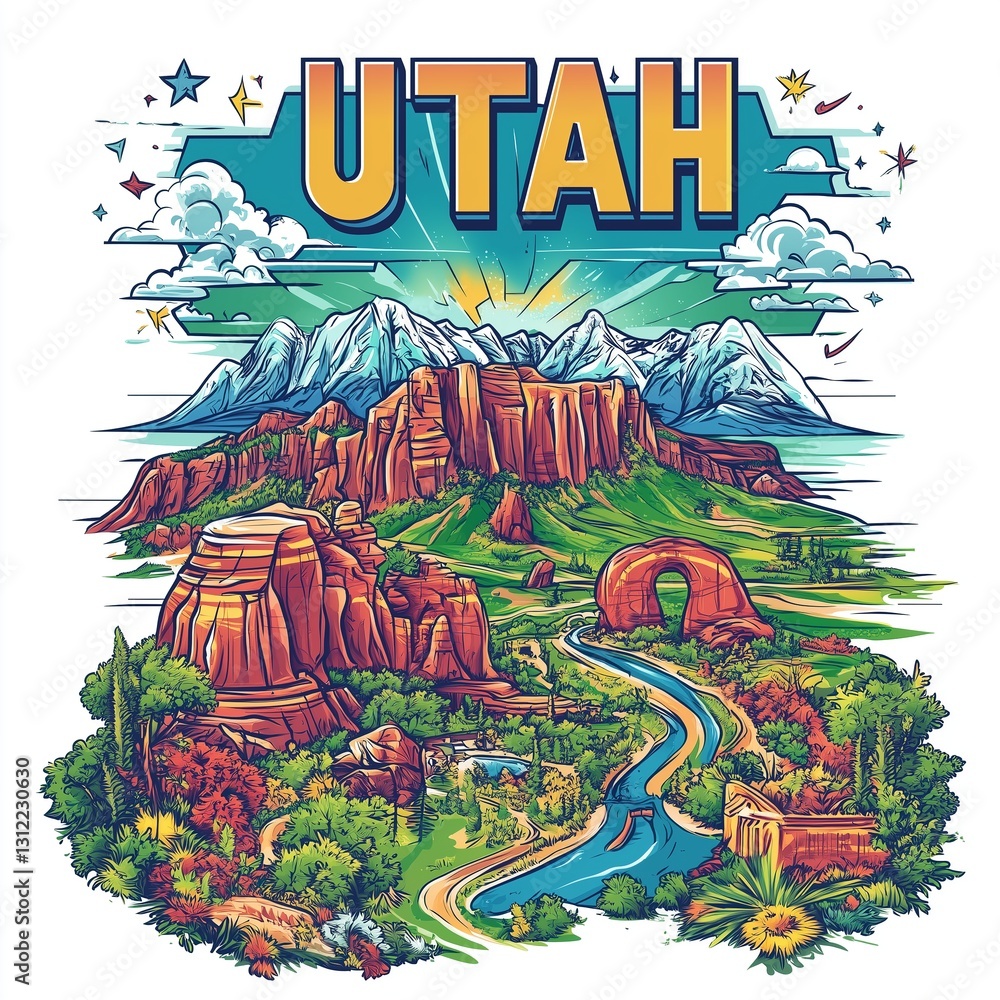 Obraz premium Most famous symbols of the utah state graphic print for fashion . utah trip vintage graphic print design.