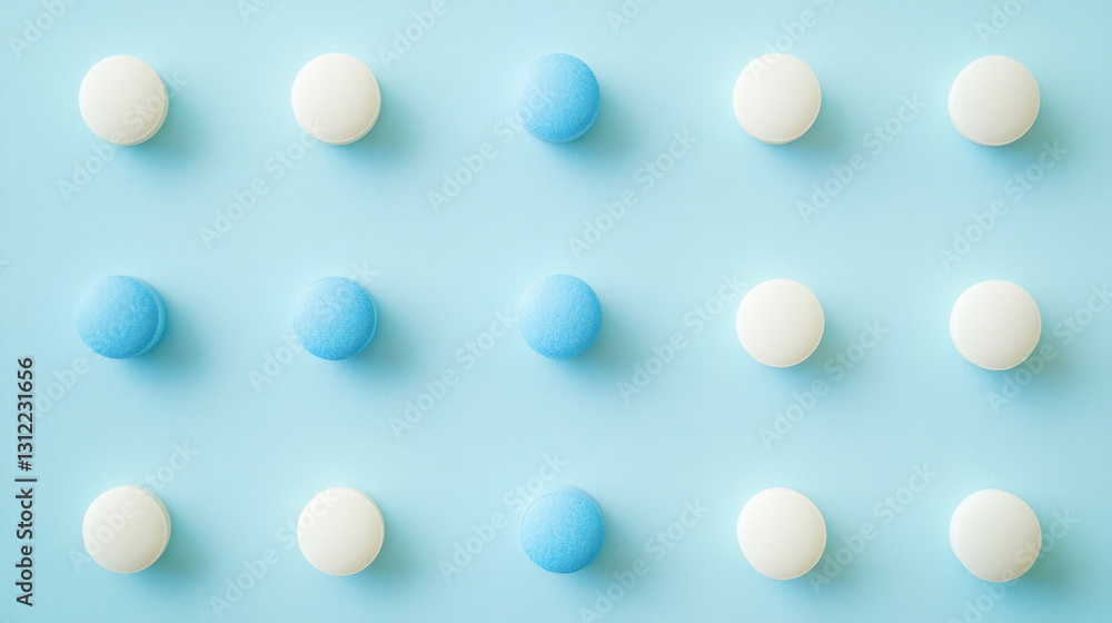 Blue and white circular objects on light blue background in symmetrical grid pattern Blue and white circular objects on light blue background in symmetrical grid pattern