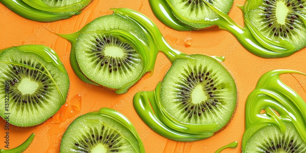 Kiwi slices with vibrant green chocolate swirls on a bright orange background Kiwi slices with vibrant green chocolate swirls on a bright orange background