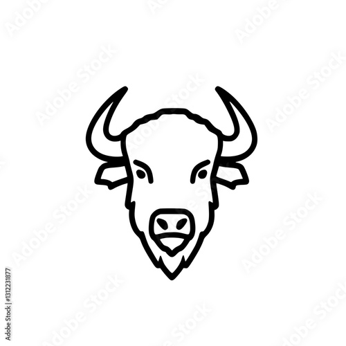Front-facing vector illustration of a bison head with detailed horns and fur texture in monochrome.