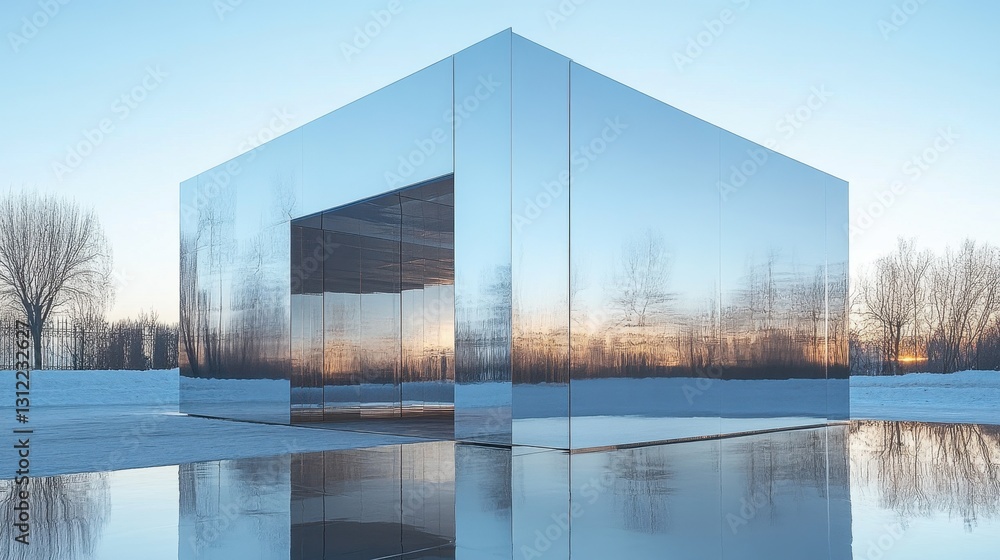 Fototapeta premium Reflective Cube Structure in Snowy Landscape at Sunset