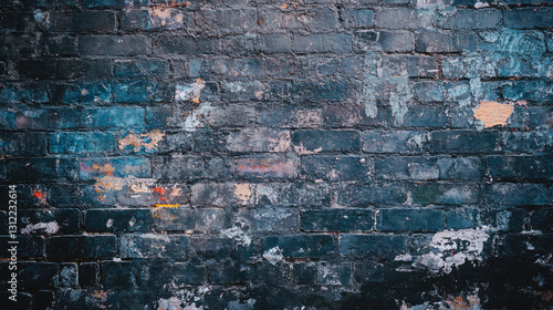 Weathered brick wall with colorful old paint texture in urban setting