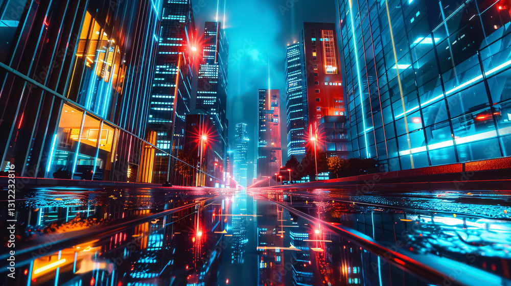 Cyberpunk neon city at night, empty street with modern tall buildings. Cyberpunk neon city at night, empty street with modern tall buildings.