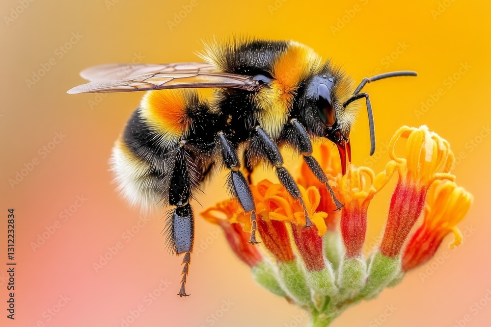 A bumblebee mid-dive into a honeysuckle flower, with its legs and antennae extended in motion A bumblebee mid-dive into a honeysuckle flower, with its legs and antennae extended in motion