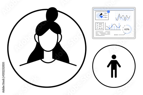 Female avatar in a circle, male figure in another circle, and a digital dashboard with charts. Ideal for profiling, analytics, demographics, research, user engagement, statistics flat simple