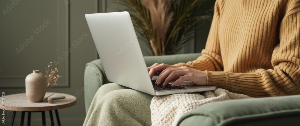 Fototapeta premium woman in yellow sweater working on a laptop in a cozy armchair