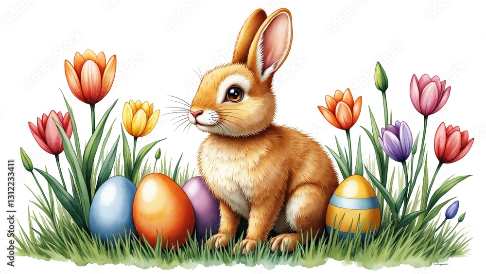 Fototapeta premium Watercolor image of easter eggs between flowers in the grass