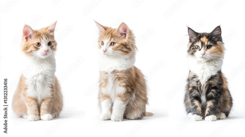 Three Adorable Fluffy Kittens Sitting on White Background Three Adorable Fluffy Kittens Sitting on White Background