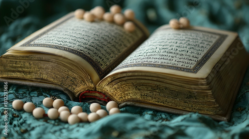 Open Quran with prayer beads on teal fabric. (5) photo